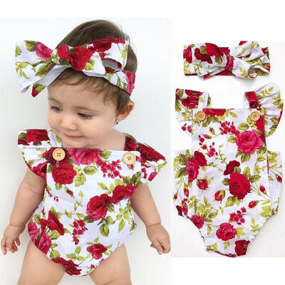 

Newborn Baby Girls Clothes Flower Jumpsuit Romper Bodysuit Headband Outfits C