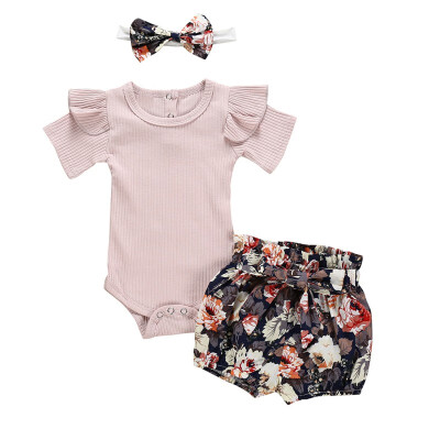 

Summer Baby Girl Casual Short Sleeve Cotton Romper Tops Floral Pattern Briefs Shorts With Headband Outfits Set New