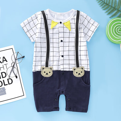 

Infant Jumpsuit Baby Boy Short Sleeve Fake Two-pieces Plaid Kids Toddler Little Gentleman 0-24M Baby Boy Cloth