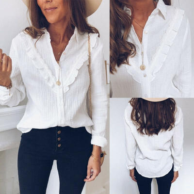 

US Women Shirt V-neck Long Sleeve Button White Shirt Tops Blouse Casual Fashion