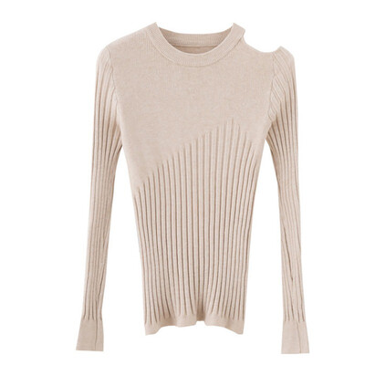 

Women Slim Bottom Knit Off-the-shoulders Sweater Autumn Winter Solid Color Slim Long-Sleeved Round Collar Sweater