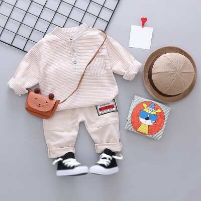 

2PcsSet Autumn Baby Boy Adorable Striped Print Long Sleeve Shirt Trousers Casual Outfits