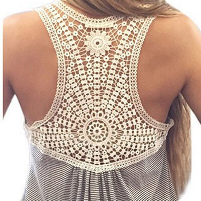 

Women Summer Striped Sleeveless Vest Tops Casual Back Lace Hollow Tank Tops FM01