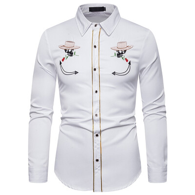

Tailored Mens Leisure Fashion Embroidery Printing Lapel Long Sleeve Shirt Top Blouse