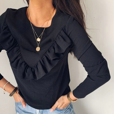 

Autumn Korean womens tops&blouses female Solid long sleeve Ruffle bouse Fashion New Personality Fashion womens blouse