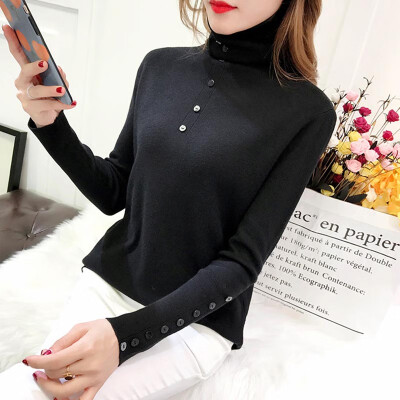 

Autumn Winter New Slim Solid Color Women Sweater Fashion Trend Button Turtleneck Long Sleeve Knit Pullover