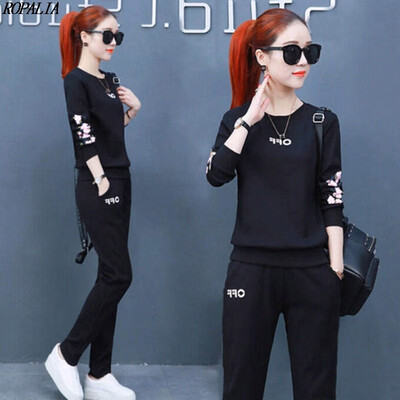

Womens Long Sleeve T-Shirt Ankle-Length Pants 2PCSSet O-Neck Letter Print Top Elastic Waist Pockets Sports Suit