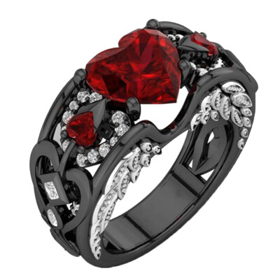 

NEW Heart Zircon RED Fire Opal Rings For Women Vintage Fashion Black Gold Filled Birthstone Ring