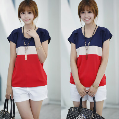 

Casual GirlLady CrewNeck Sleeve T-shirt Block Color Chiffon Tops Summer