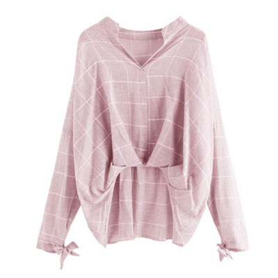 

WEIXINBUY Long Sleeve V-Neck Fold Blouse Casual Loose Blouse Bow-knot Sleeve Asymmetric Shirt Striped Plaid Tops Female