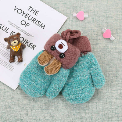 

Cute Cartoon Bear Baby Gloves Winter Wool Plus Thick Full Rope Finger Mittens Warm Knitted Gloves
