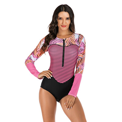 

Sexy One Piece Swimsuit Push Up Long Sleeve Front Zipper Swimwear Women Pink Slim PatchworkBeachwear Bathing Suit Hot Sale
