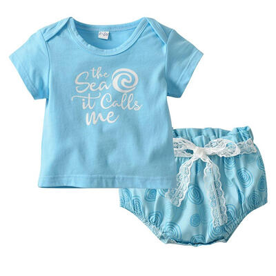 

Baby Sets for girls Cotton Sisters Baby Short-sleeved Letters Light Blue Shirt Shorts Two-pieceSet