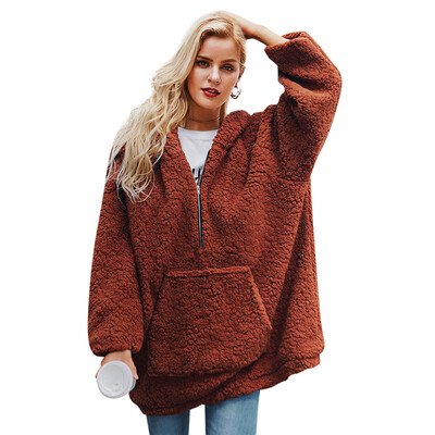 

Autumn Winter Women Casual Plus Size Zipper Hooded Solid Color Lamb Hair Plus Velvet Thick Loose Coat Fashion