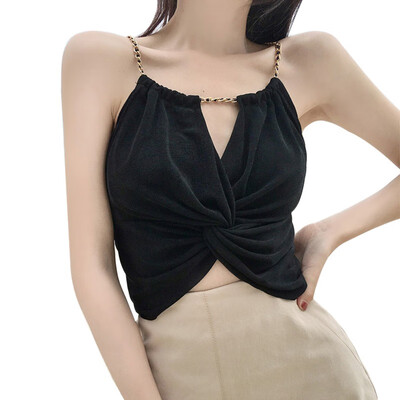 

Womens Metal Chain Halter Sleeveless Tank Top Solid Knot Strapless Womens Summer Tank Top