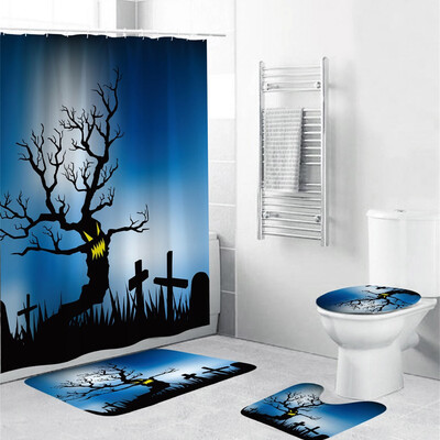 

〖Follure〗Halloween festival 4PCS Non Slip Toilet Polyester Cover Mat Set Bathroom Curtain