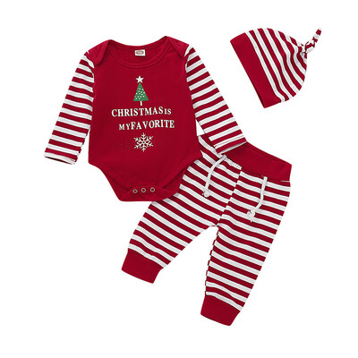 

New Autumn Baby Girl Boy Newborn First Christmas Letter Print Long Sleeve Romper Tops Cartoon Stripe Trousers Trouser Hat Outfit