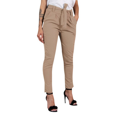 

Women Wild Summer Cotton Casual Stretch Sashes Trousers Elastic Mid Waist Ankle-Length Loose Straight Pencil Pants with Belt