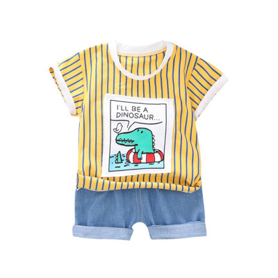 

Dinosaur Stripe T-shirt For Boy Clothes Set Denim Shorts Kids Clothes Set Children Casual Outfits Set