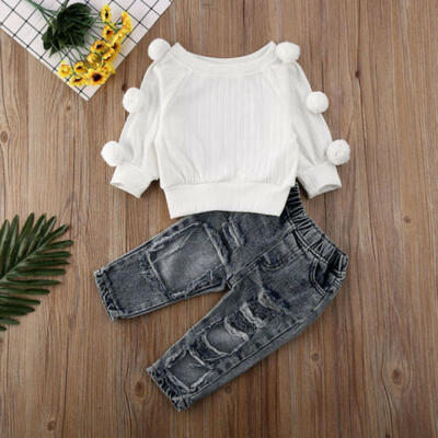 

Toddler Baby Girl Clothes Hairball Knitted SweaterDenim Pants Jeans Outfits Set