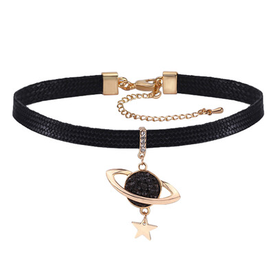 

Rhinestone Universe Star Pendant Necklace Female Black Leather Chain Clavicle Choker Necklace Gifts