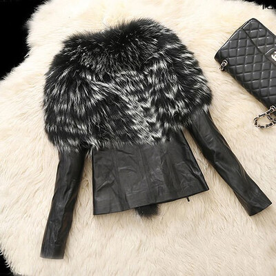 

Women Faux Leather Jacket Fur Trim Spliced Long Sleeve Short Length Zipper Fashion Slim Streetwear 2018 Autumn Winter Warm Coat