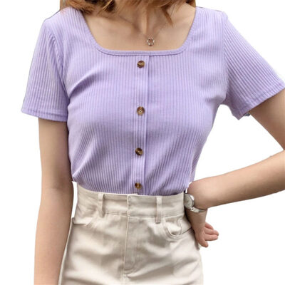 

Spring Autumn Women Solid Color Square Neck Short Sleeve Buttons Knitted T-Shirt