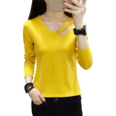 

Simple Solid Color T-shirt Fashion Women Slim V-Neck T-shirt Casual Tees