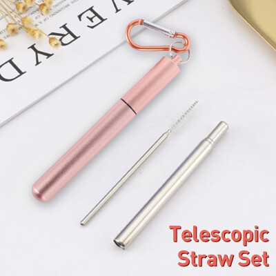 

Portable Collapsible Reusable Straws Telescopic Stainless Steel Metal Travel Straw Drinking with Case Cleaning Brush&Keychain