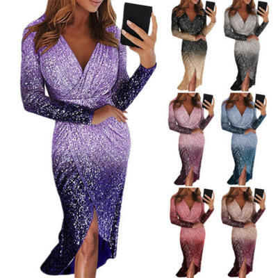 

Women Sparkly Sequin Glitter Evening Dress Ladies Cocktail Slip Wrap Midi Dress
