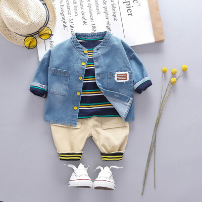 

Fashion Handsome Striped Pattern Children Suit Korean Long-sleeved Top Bib Pants Two-piece Boys Set