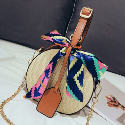 

Fashion Women Circular Straw Bags Summer Female Scarves Woven Handbags Bohemian Leather Handle Crossbody Bag Shoulder Bags