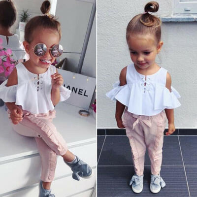 

Infant Baby Girls Clothes Off Shoulder Shirt TopsRuffle Long Pants Outfits 1-6Y