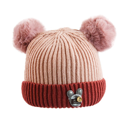 

Warm Winter Newborn Cute Warm Kids Girls Boys Baby Cartoon Bear Hats Knitted Wool Hemming Caps With Ball