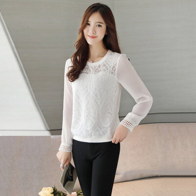 

2017 women flower patterns chiffon blouse lace Bottoming shirt all match femme manche longue chemisier pink white feminina blusa
