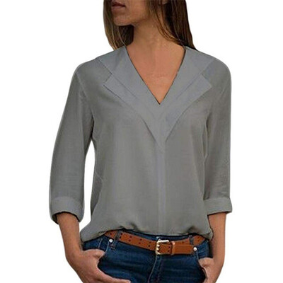 

Blouses Women Long Sleeve Solid Color Shirts Fashion Girl V-neck Chiffon Shirt Office Ladies Plain Roll Sleeve Female Blouse Top