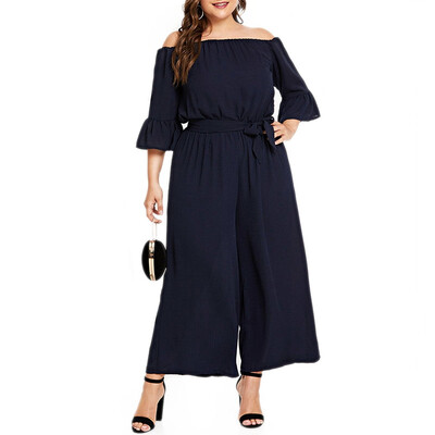 

Solid Color One Word Collar Flare Sleeve High Waist Lace Up Jumpsuit