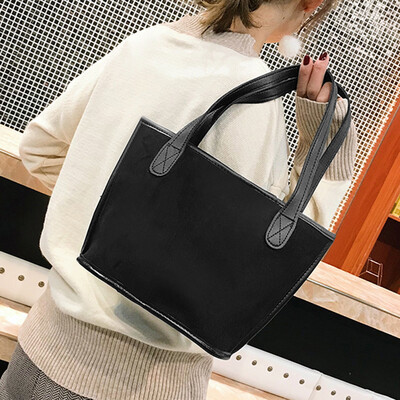 

New Fashion Women Faux Suede Handbag Leopard Print Solid Large Capacity Shopping Shoulder Bag Tote BlackBrownKhaki