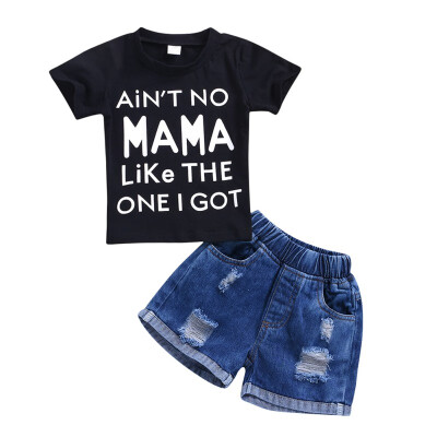 

Summer baby boy clothes set letter print short sleeve black top blue shorts 2 PCS cotton outfit for 0-3T