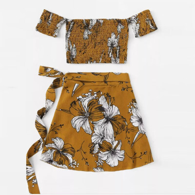 

Summer Womens Skirt Fashion Small Fresh Print Mini Skirt Short Top Set Bohemian Vacation Beach Casual Wind Skirt Set