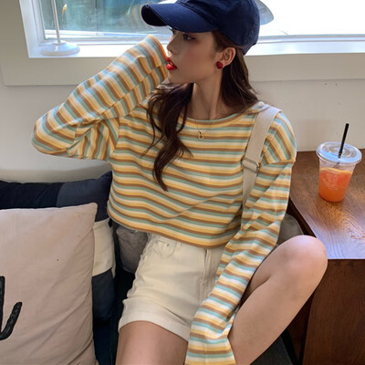 

Harajuku Korean Sweet T-shirt Long Sleeve Striped Friends Kawaii Autumn Winter Women Casual Basic Stranger Things