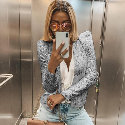 

Women Jacket Solid ColorSequined Bling Bling Glitter Open Front Stand Collar Long Sleeve Cool Party Wear