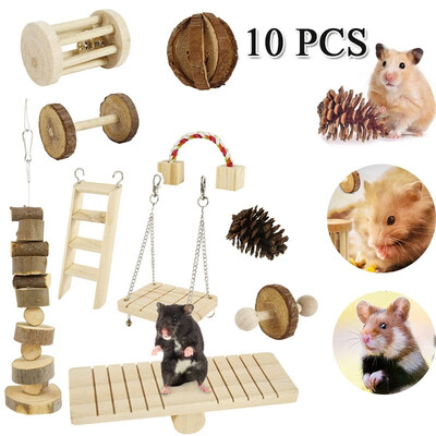 

Willstar 10 Pcsset Natural Wooden Exercise Bell Roller Toy Wooden Dumbbells Teeth Care Molar Toy Hamster Toy Set