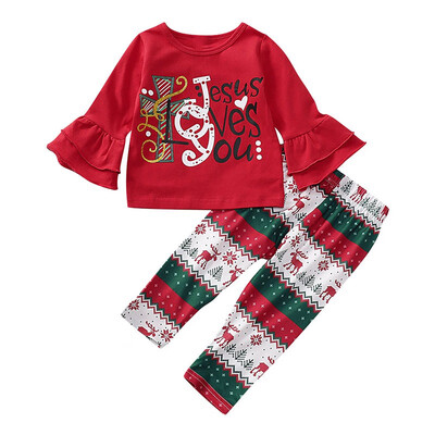 

Baby Girls Long Flare Sleeve Christmas Letters Autumn Blouse TopsFloral Pants Trouser Casual Costume Set
