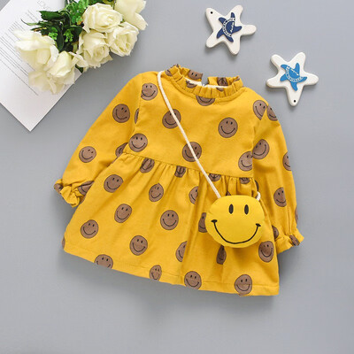 

Autumn Casual Toddler Baby Girls Long Sleeve Smile Print Dress Kids Princess Thicken Pageant Dresses With Bag