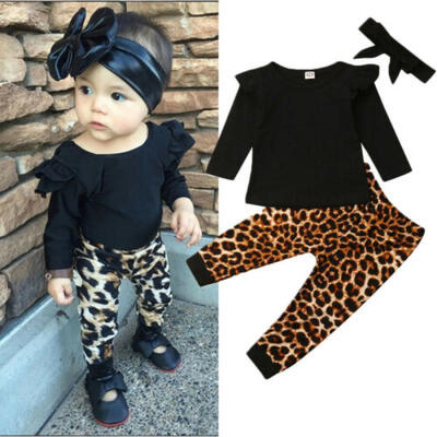 

Newborn Kids Baby Girl Tops T-shirt Leopard Pants Headband Outfit Clothes Set UK