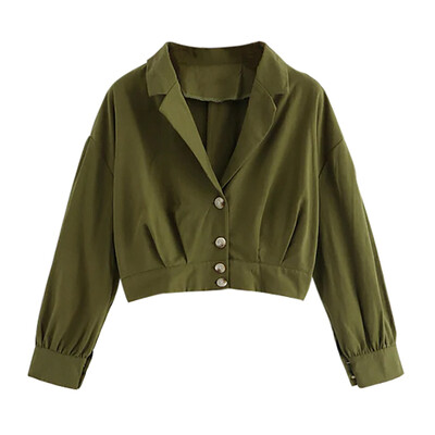 

Long-sleeved Button shirt women autumn buckle short paragraph navel windbreaker V-neck slim version of the solid color tops