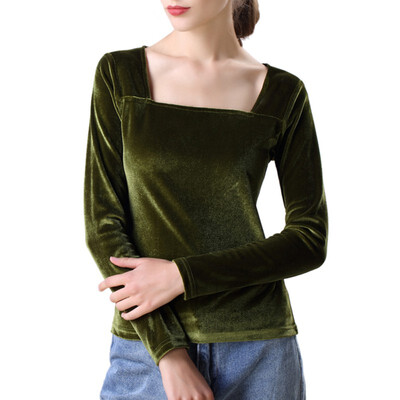 

Vintage Style Pleuche Solid Color Women Tops Fashion Slim Square Collar Long-sleeved T-shirts