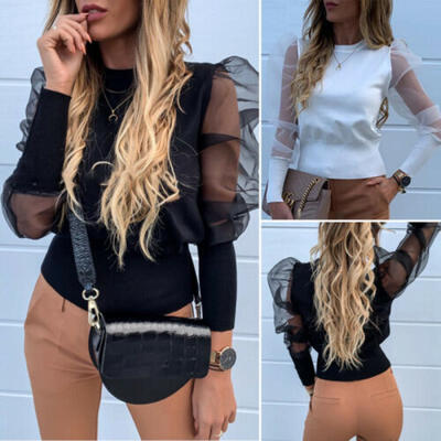 

Fashion Women Long Puff Sleeve Bow Satin T-Shirt Blouse Autumn Tops Ladies Shirt
