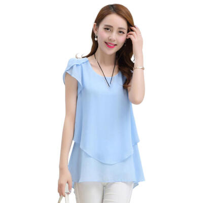 

Plus Size Pure Color Double Layer Chiffon Tees Women Irregular Loose Tops